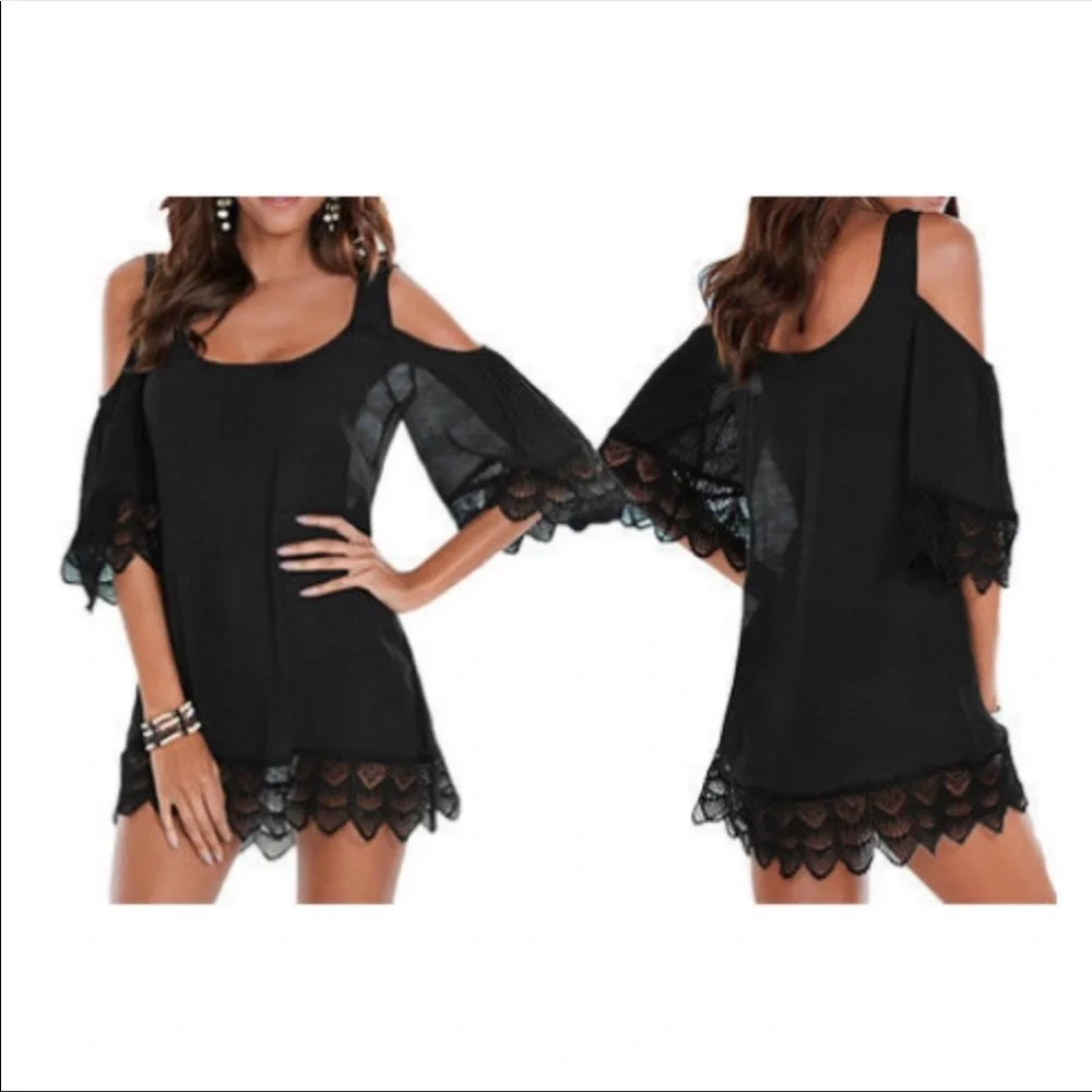 🆕Mini Black Lace Crochet Cold Shoulder Cover Up/Tunic Top - Picture 2 of 3